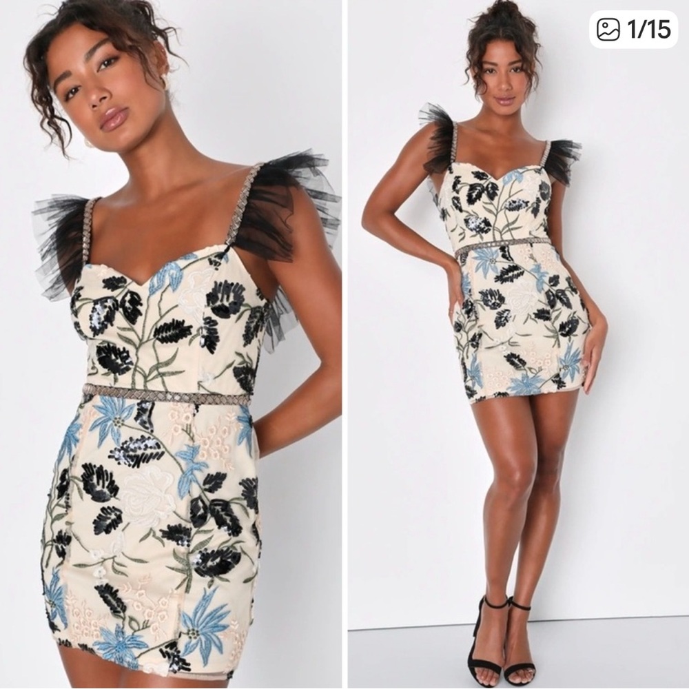 Lulus Party Showstopper Cream Embroidered Dress